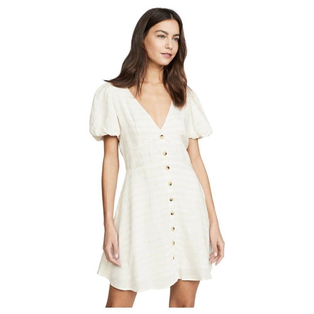 L*Space Cream Short Sleeve Textured Fabric V-Neck Button Down Sabrina Dress XS